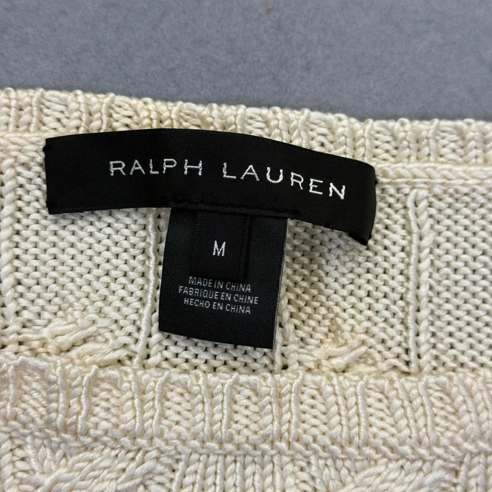 Ralph Lauren Womens Cream 100% Silk Cable Knit Boat Neck 3/4 Sleeve Sweater M